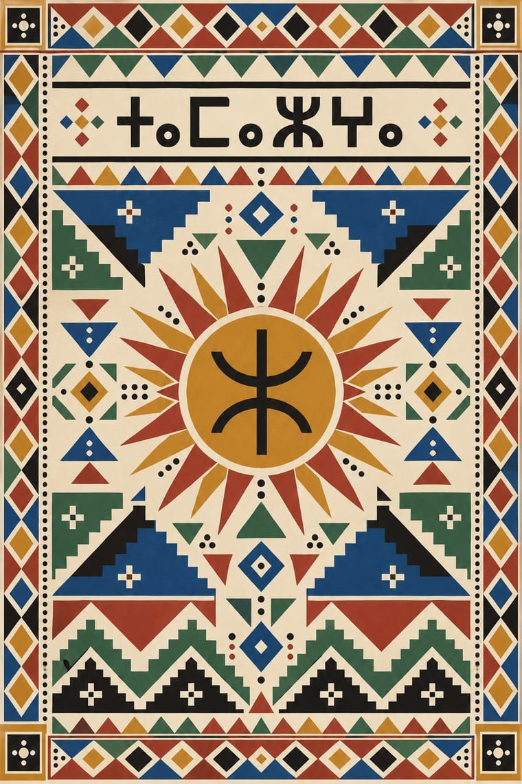 An ornate geometric poster centers a black Amazigh symbol inside an ochre sunburst, surrounded by symmetrical triangles, diamonds, stepped shapes, dots, and crosses. Red, blue, green, ochre, and black motifs fill a cream, paper-textured field with patterned borders and a line of Tifinagh lettering across the top.