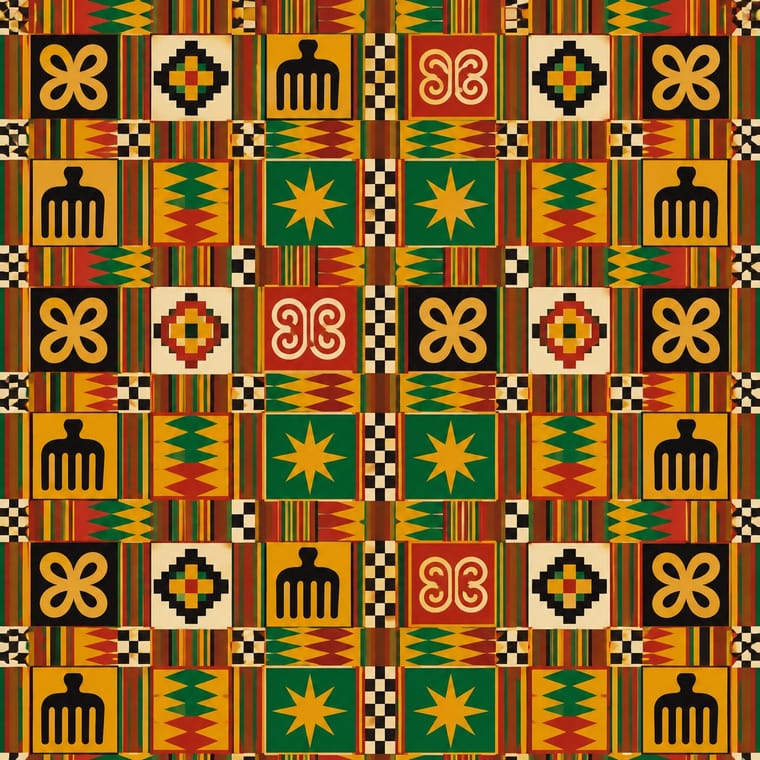 An all-over grid in golden yellow, red, green, black and cream alternates comb-shaped symbols, four-loop motifs, curled emblems, stepped diamonds and eight-pointed stars. Narrow striped, zigzag and checkerboard bands separate the rectangular panels.