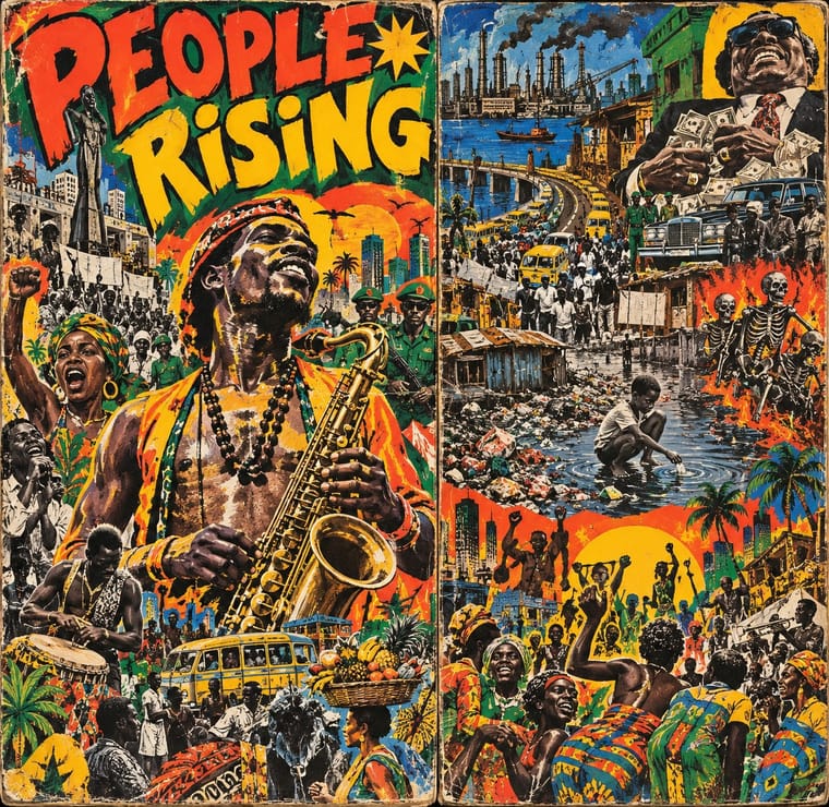 A distressed, brightly coloured two-panel collage titled “PEOPLE RiSiNG” features a large saxophonist surrounded by drummers, dancers, crowds, soldiers and yellow buses. The right panel contrasts industrial smokestacks, a laughing suited man holding money, and skeletons in flames with a child crouching in polluted water and people celebrating below.
