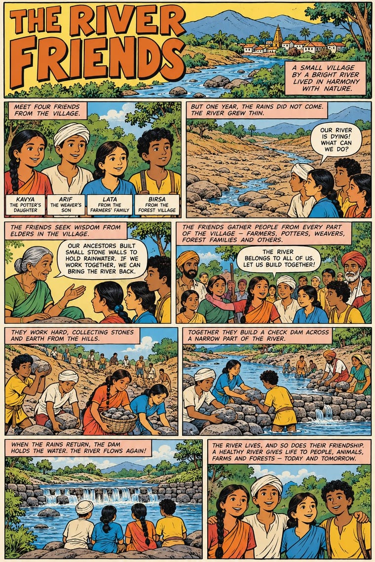 A colourful comic poster titled “The River Friends” follows four children in a rural village as they seek advice and bring their community together to build a stone check dam across a drying river. Black-bordered panels show the village, conversations with elders, collective construction, and the friends beside the restored river.