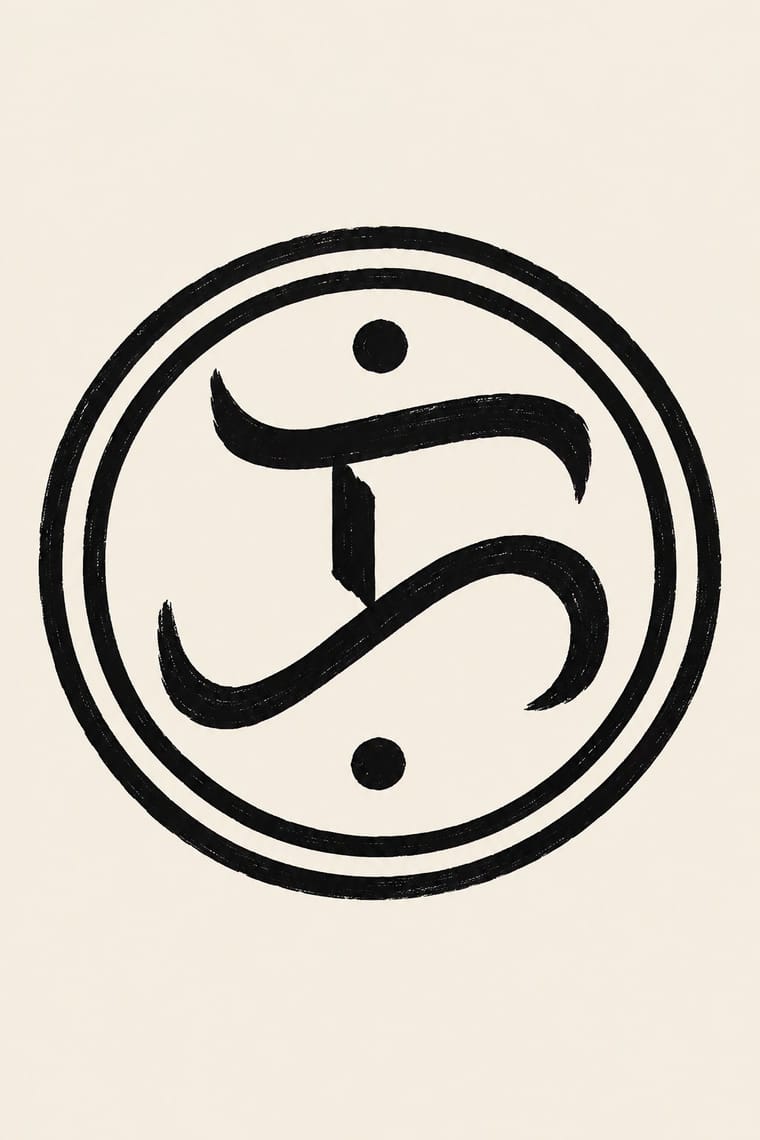 A black emblem on a pale cream background consists of two concentric circular outlines enclosing broad, curling brushstrokes joined by a short vertical stroke. A black dot sits above and another below the central abstract mark.