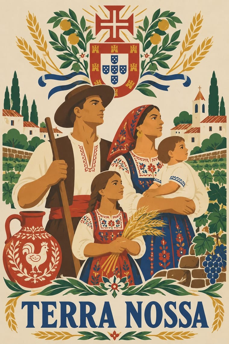 A vintage-style illustrated poster shows a rural family in embroidered traditional clothing, with a man holding a wooden staff, a woman carrying a child, and a girl holding wheat. A Portuguese coat of arms, fruiting branches, wheat, a decorated red jug, grapevines, and white village buildings surround them above the words “TERRA NOSSA.”