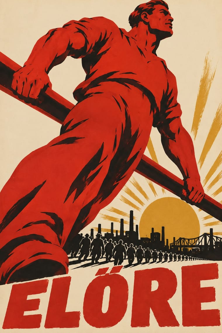 A monumental red-and-black worker, viewed from below, grips a long diagonal beam above a procession of smaller workers. Factory chimneys, a bridge and a golden rising sun fill the background, with large red lettering reading “ELŐRE” across the bottom.