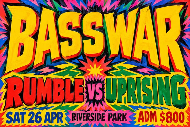A brightly painted sign reads “BASSWAR” in enormous yellow letters above “RUMBLE VS UPRISING,” with the date, venue and admission price along the bottom. Red, green, blue and pink lightning bolts and jagged starbursts fill the spaces around the thick, shadowed lettering.