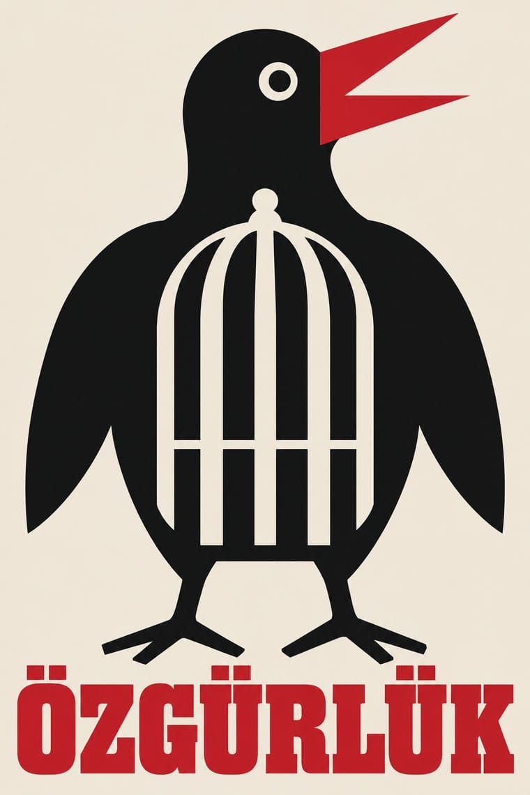 A large black bird with an open red beak and a cream-ringed eye stands against a cream background, with a cream birdcage shape inside its body. Bold red lettering beneath the bird reads “ÖZGÜRLÜK.”
