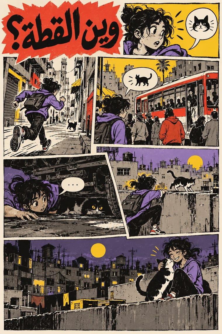 A comic-style poster follows a curly-haired person in a purple hoodie searching for a black-and-white cat through city streets, beside a bus, beneath a vehicle, and across rooftops. The final panel shows the person cuddling the cat on a rooftop beneath a yellow moon.