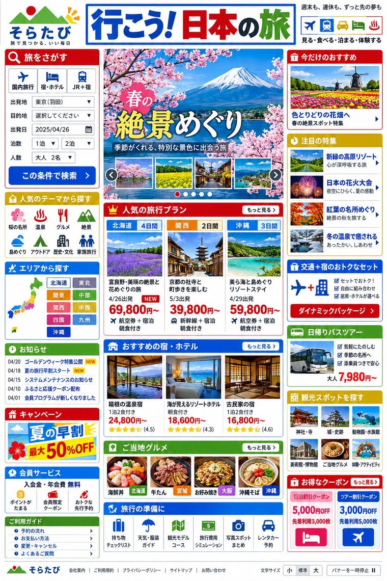 A densely packed Japanese travel website-style poster features Mount Fuji framed by cherry blossoms, surrounded by colorful booking panels, trip prices, hotel photographs, food, sightseeing destinations, and discount coupons. Blue, red, green, and yellow headers organize three columns of Japanese text and travel icons.