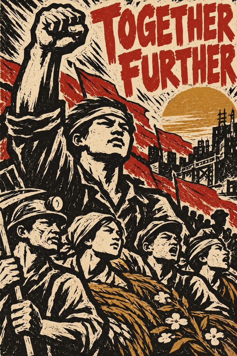 A woodcut-style poster shows a group of workers beneath a large raised fist, with red flags, an industrial skyline and an ochre sun behind them. Grain stalks and small white flowers fill the foreground, and large red lettering reads “TOGETHER FURTHER.”