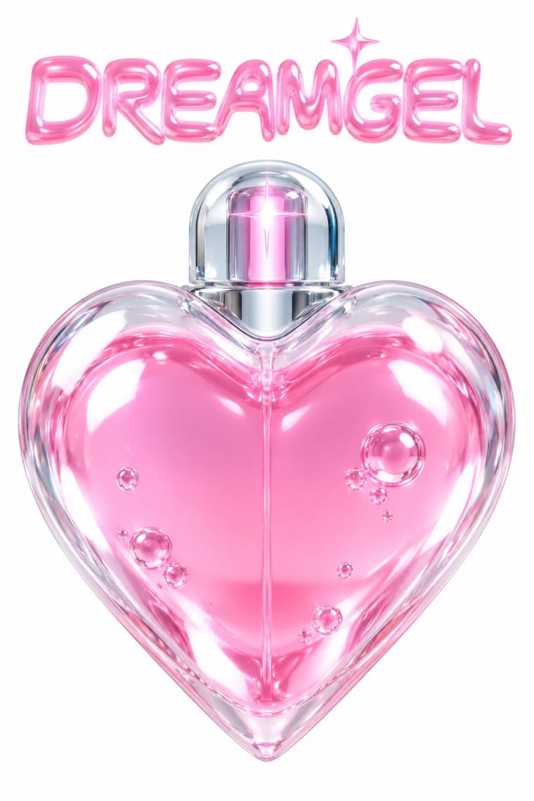 A transparent heart-shaped bottle filled with pink liquid and bubbles sits on a white background, topped by a rounded clear cap and silver collar. Glossy pink balloon-like lettering spells “DREAMGEL” above it, with pink star-shaped glints above the lettering and on the cap.