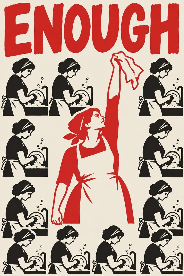 The red word “ENOUGH” spans the top of a cream poster above a large red woman in an apron raising a cloth overhead. Repeated black illustrations of women washing dishes surround her.