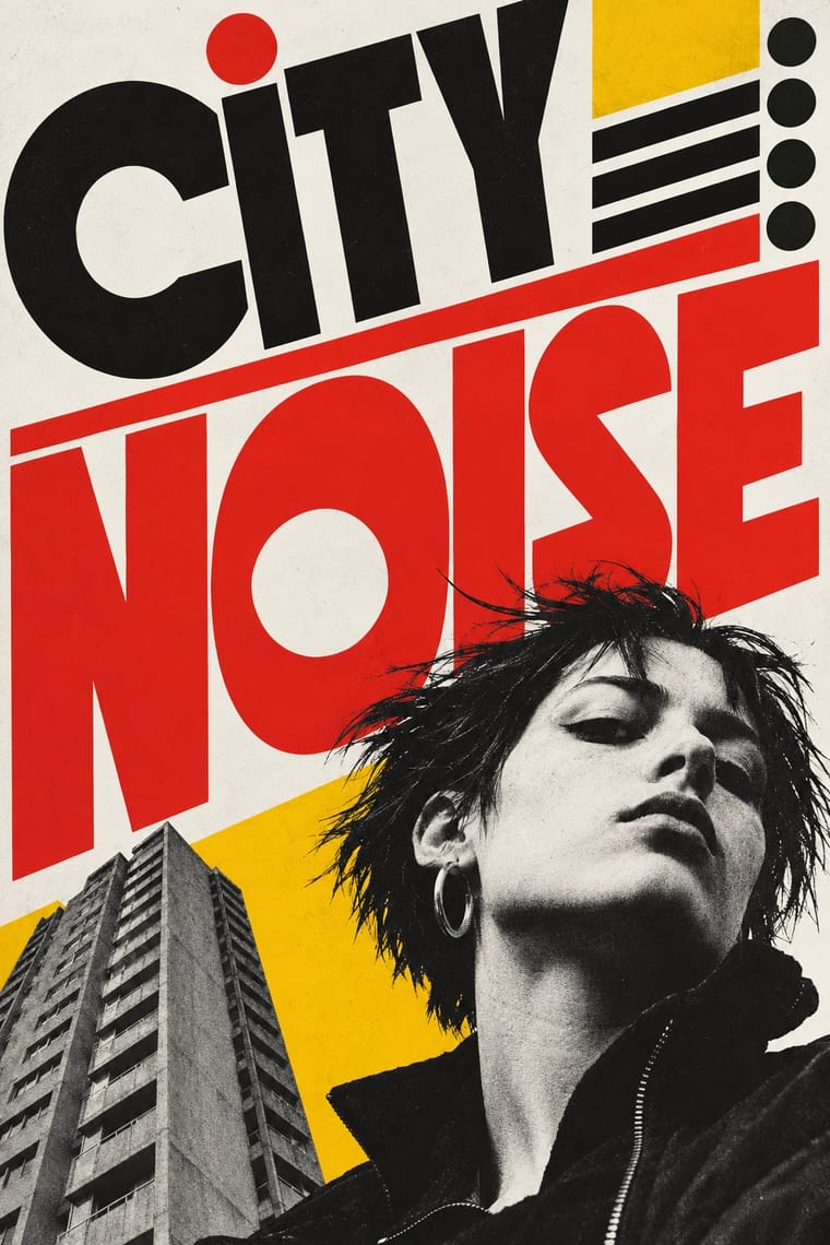 Oversized black and red lettering reads “CITY NOISE” above overlapping black-and-white images of a short-haired person wearing a hoop earring and dark zippered jacket, and a tall concrete apartment building. Yellow geometric fields, black bars and circles, and a grainy cream background complete the composition.