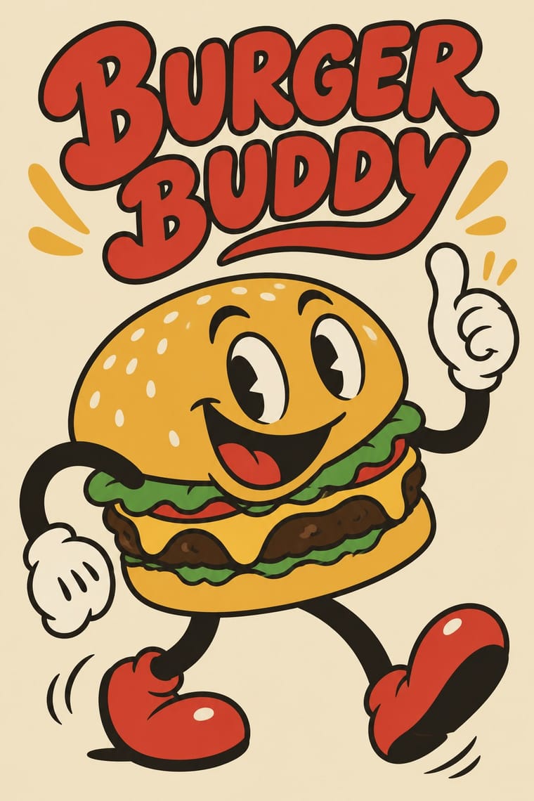 Large red lettering reading “BURGER BUDDY” sits above a smiling cartoon cheeseburger with sesame seeds, lettuce, tomato, and melted cheese. The burger has black arms and legs, white gloves, and red shoes, and raises one hand in a thumbs-up against a pale cream background.